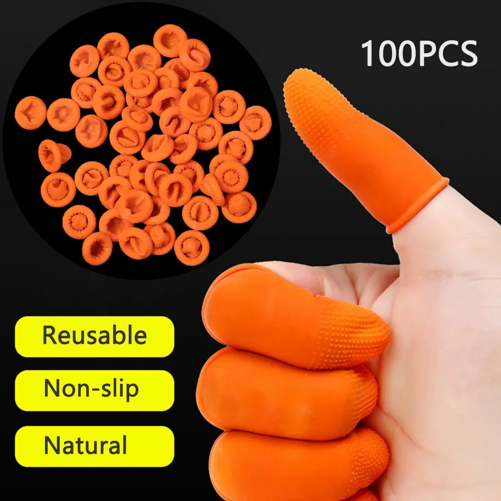 100 Stück wiederverwendbare Fingerspitzen-Schutzhandschuhe aus Naturlatex, Gummihandschuhe, Fingerabdeckung, orange Fingerlinge Image