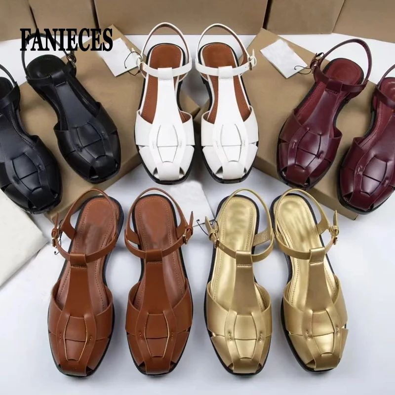 Große Größen 36-43 Damen Flache Sandalen Markendesigner Sommer Geflochtene Hohle Vintage Römische Gladiator-Schuhe Metallschnalle Casual Sandalias
