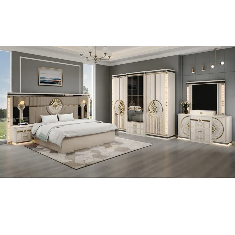 # Modernes, luxuriöses King-Lederbett-Set aus Holz, klassisches Doppel-Hauptschlafzimmer, Heim-Queensize-Bett, komplettes Schlafzimmermöbel-Set aus MDF-Holz