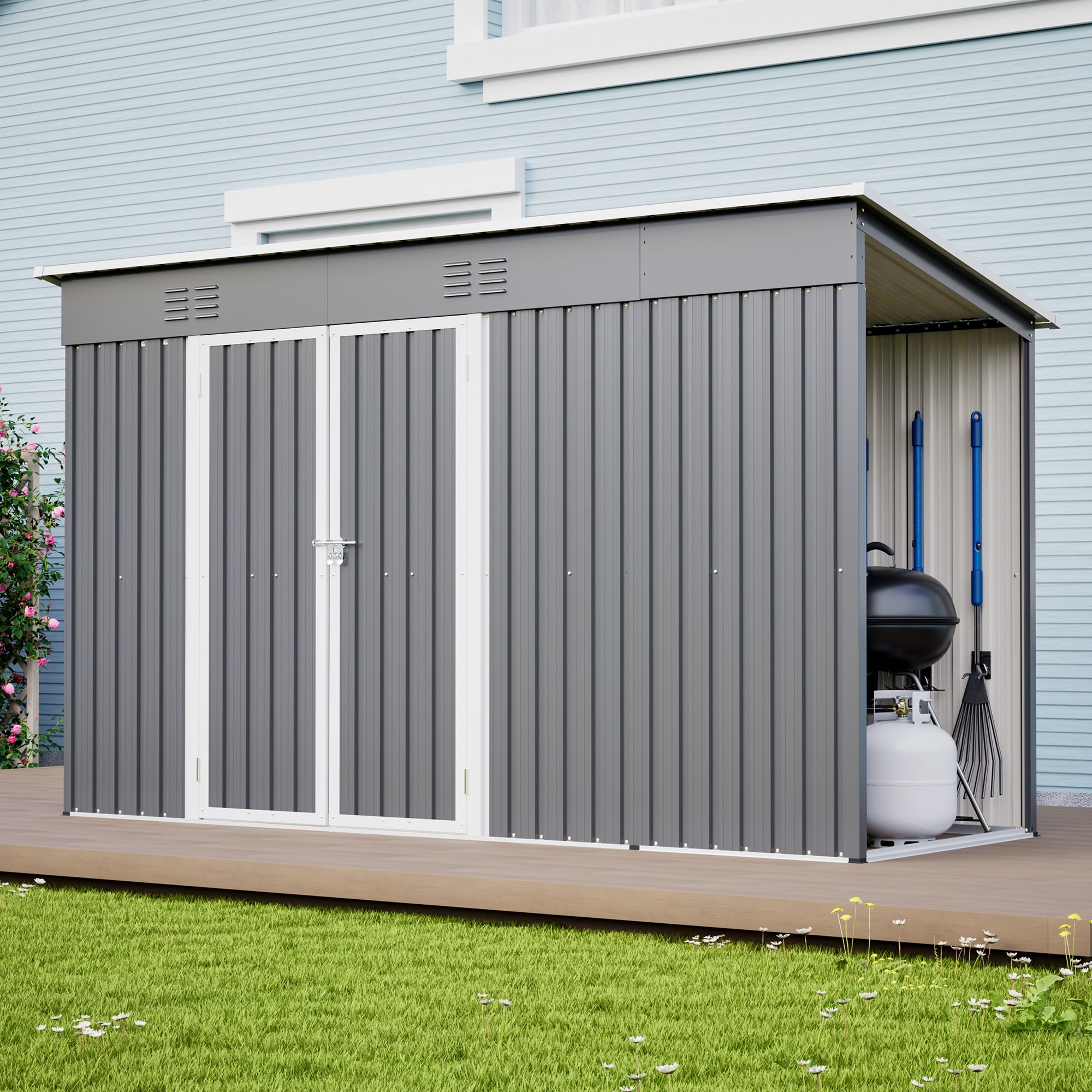Roomfitters 10x4 FT Outdoor Metal Storage Shed Tool Shed with Floor Frame Lockable Doors and Vents, Gray