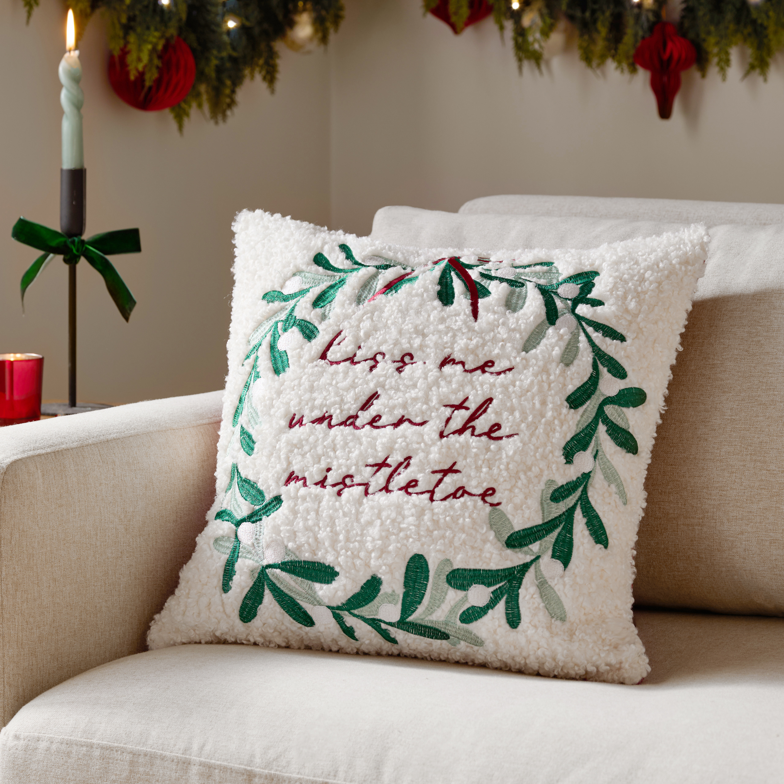 furn. Mistletoe Wreath Embroidered Filled Cushion, Multicolour - Size 45 cm x 45 cm | furn. Sale | Discount Designer Brands