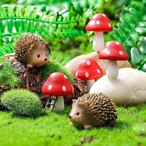 Miniatur-Feengarten-Accessoires: Igel aus Kunstharz und Pilzset aus Holz, Mikro-Landschaftsdekoration für Bonsai, Terrarium, Feengarten, Pflanzgefäße und Puppenhaus