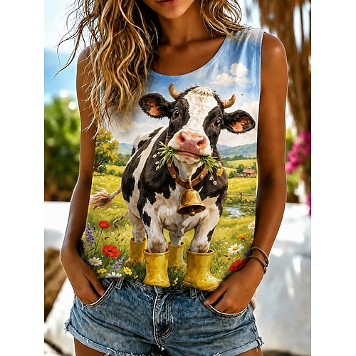 Damen Tanktop Grafik Tiermotiv Kuh Vintage Stilvoll Lässig Ärmellos Rundhalsausschnitt Normale Oberteile Lässig Täglich Urlaubskleidung Blau Khaki Sommer Frühling