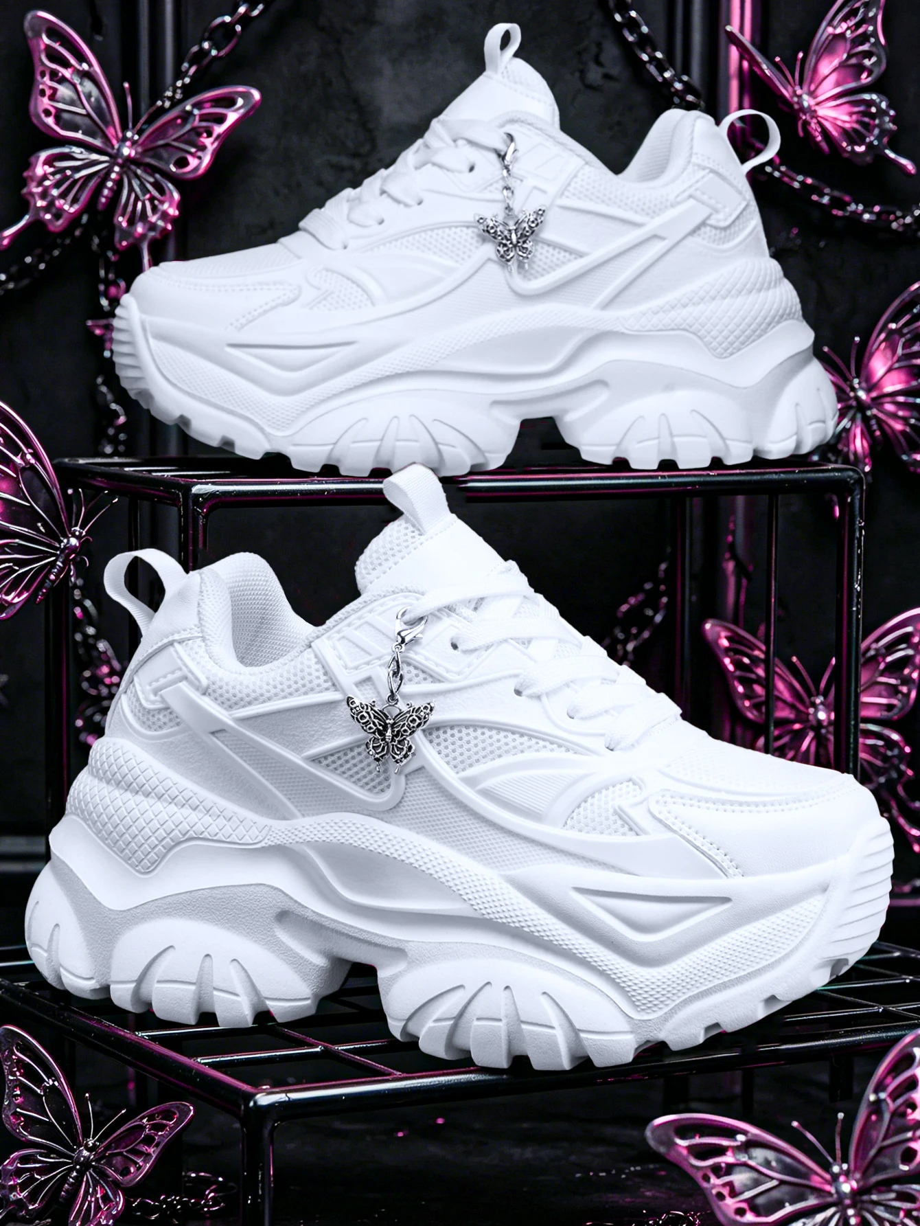 Damen 2026 Neue Sweet-Cool Y2K Gothic-Style Plateau-Sneaker mit 7cm Absatz, High Street Dark Fashion Weiße Freizeitschuhe, Leichte Atmungsaktive Mesh-Obermaterial, Abnehmbarer Retro Silber