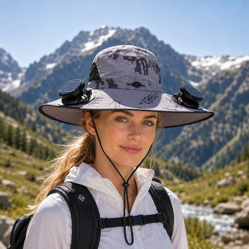 Wide Brim Solar Fan Hat,Outdoor UV Sun Protection Brim Hat with 2 Solar Fan, Travel Camping Hiking Fishing Sports Portable
