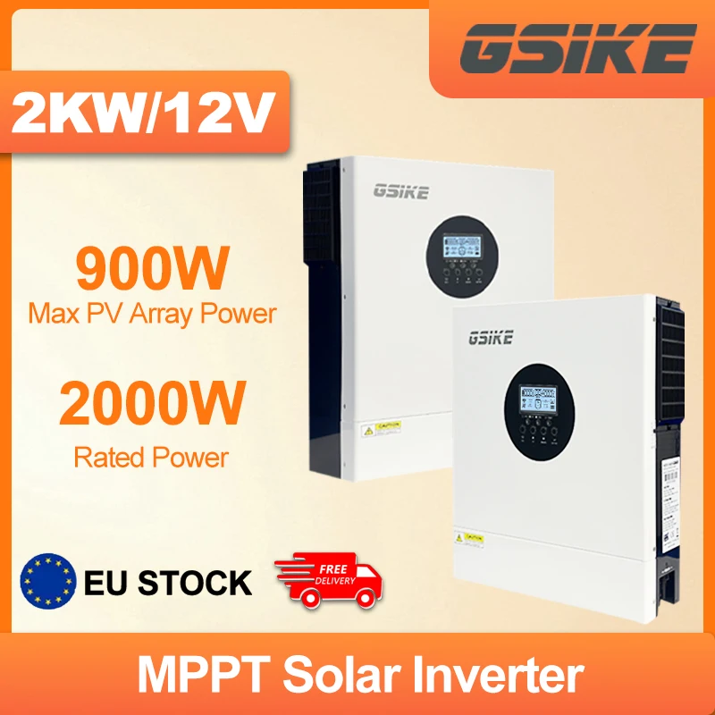 GSIKE Onduleur hybride 12V 2KW, Onduleur biphasé 230V, Chargeur solaire 220V, Onduleur parallèle à onde sinusoïdale pure, Chargeur MPPT 80A à double CT, 4KW 24V 50/60HZ, Onde sinusoïdale pure 120A
