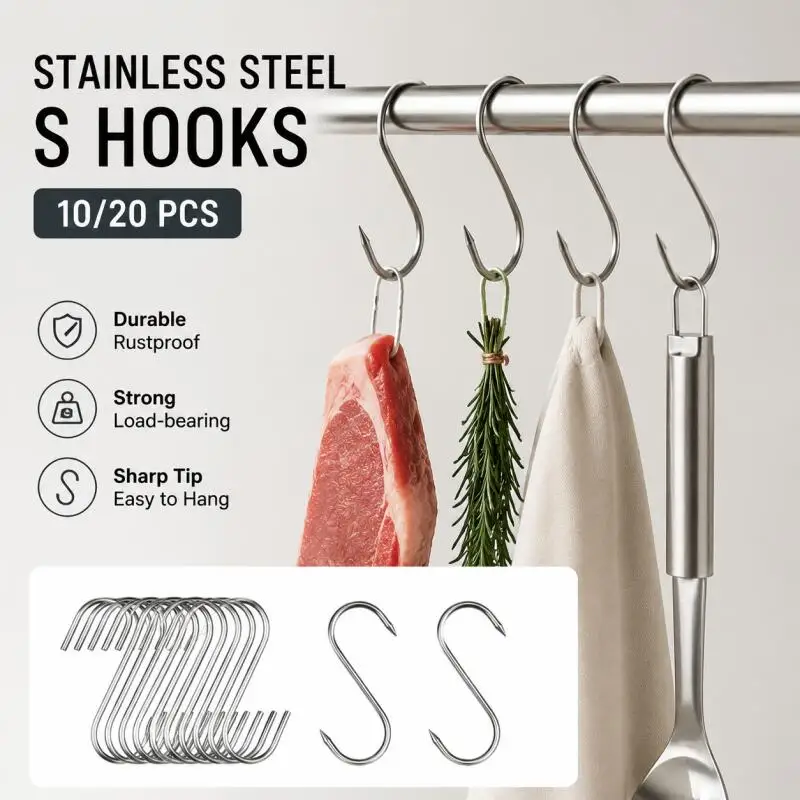 10/20 Stück Edelstahl-S-Haken mit scharfer Spitze, Utensilien-, Fleisch- und Kleiderhaken, Aufhängehaken für Metzgerei, Küche, Backwerkzeuge