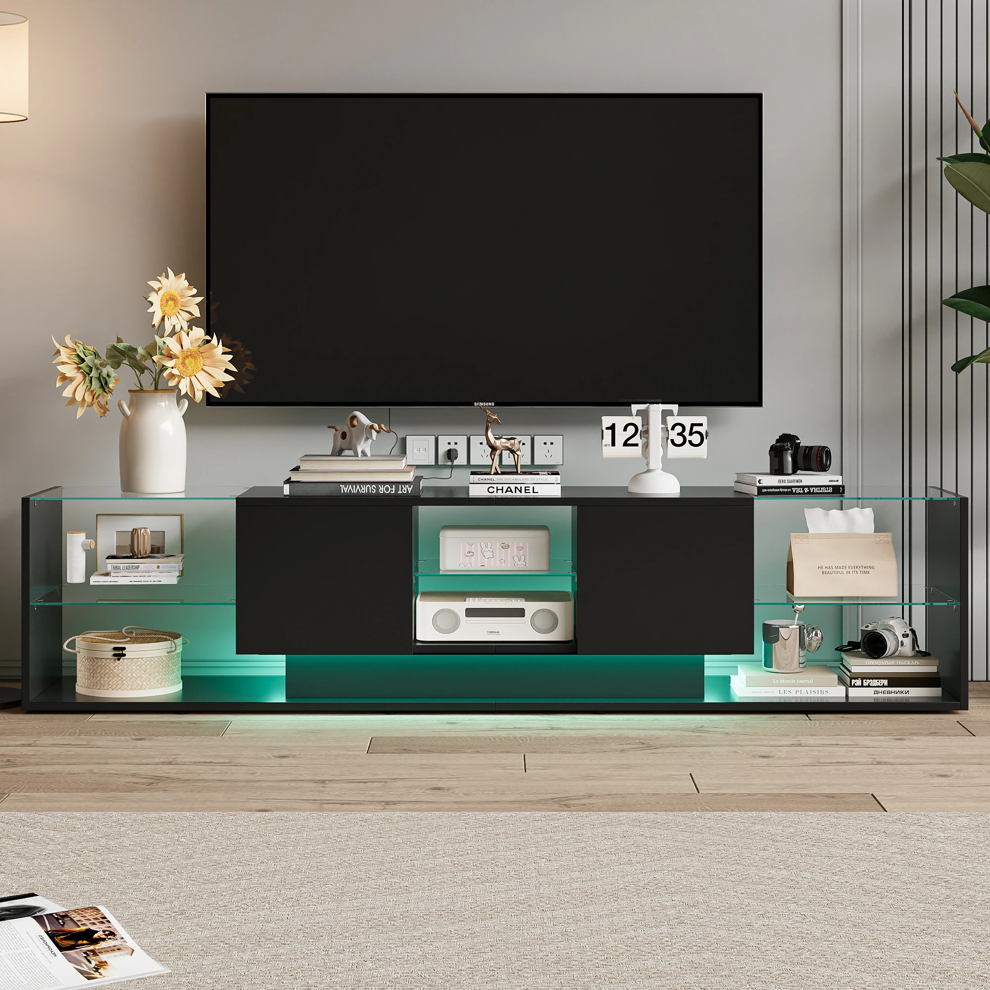 Comanlai, Meuble TV 200 cm avec 2 tiroirs, Meuble TV en verre avec une touche de luxe, Vitrine en verre, Meuble de base moderne et minimaliste pour salon, Meuble de rangement de style flottant, Meuble