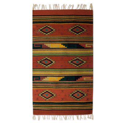 Rhombus Fire,'Hand Loomed Zapotec Wool 2.5x5 Area Rug from Oaxaca'