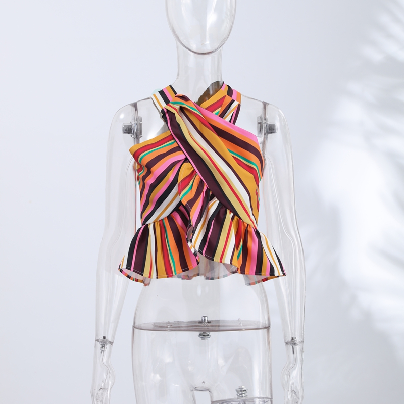 Women Striped Halter Ruffle Hem Backless Summer Beach Top 2 s