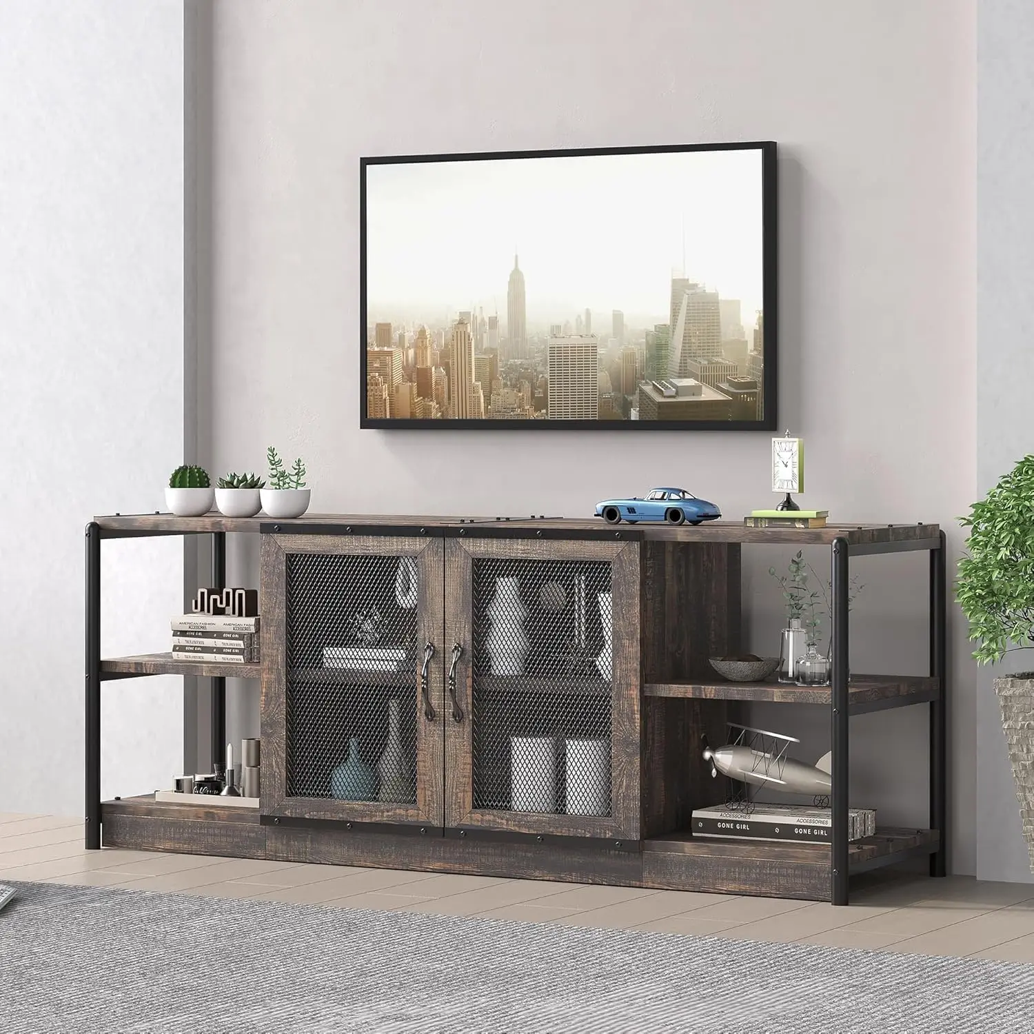 TV-Schrank, Lowboard für Fernseher bis zu 75 Zoll, TV-Board, Fernsehschrank mit 4 offenen Fächern & 2 Türen, TV-Bank 160 cm lang, Fernsehtisch Wohnzimmer, Stahlgestell, 160 x 63 x 46 cm