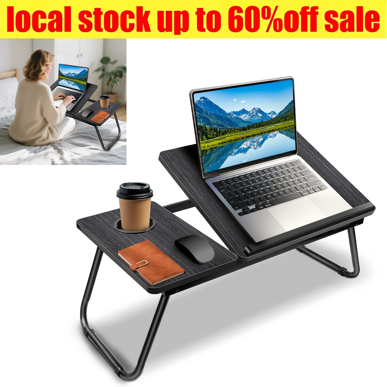 Laptop-Tisch in 5 Stufen höhenverstellbarer Laptop-Tisch für das Bett mit klappbaren Tischbeinen Getränkehalter Leseständer Laptop-Halterung Frühstückstablett und Buchstütze