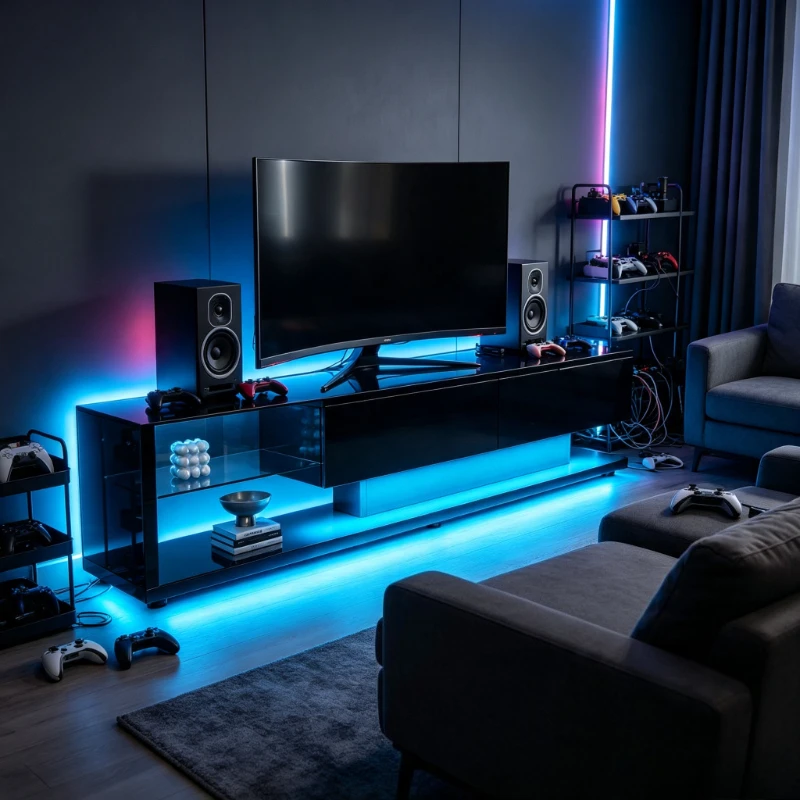 Meubles TV, Meubles de salon, Meubles bas, Meubles de salon brillants. Murs vitrés et éclairage LED variable. Il allie un style naturel et rustique au design moderne.