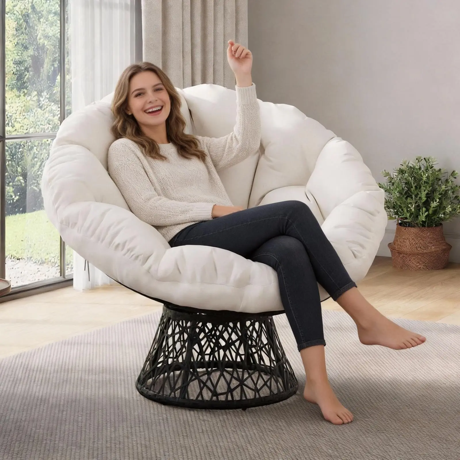 Papasansessel Rattan Mit Drehfunktion, Ergonomischer Korbsessel Outdoor & Indoor Mit Dickem Komfortkissen, Stabiler Stahlrahmen, Lesesessel Für Wohnzimmer, Schlafzimmer, Balkon