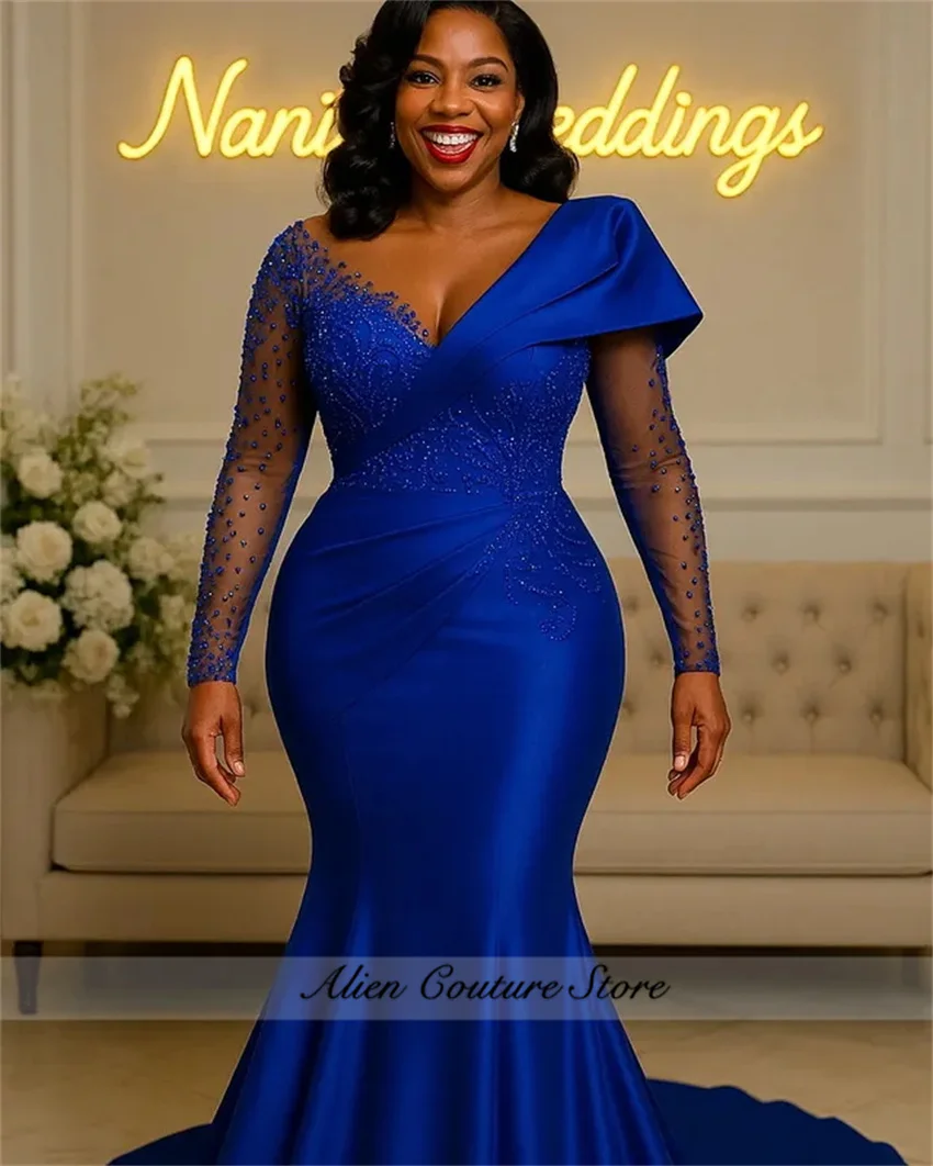Elegant Royal Blue Evening Dresses Beading Crystals Wedding Reception Prom Gown Birthday Party Dress Aso Ebi Customized