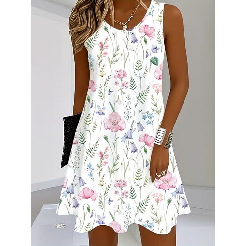 Per donna Mini Abito Vestito Estivo Abito a trapezio Abito Estivo Vacanza Casual Boho Spiaggia Feste Matrimonio Vestibilità regolare Floreale Grafico Senza Maniche Girocollo Scollo a V Blu Bianco