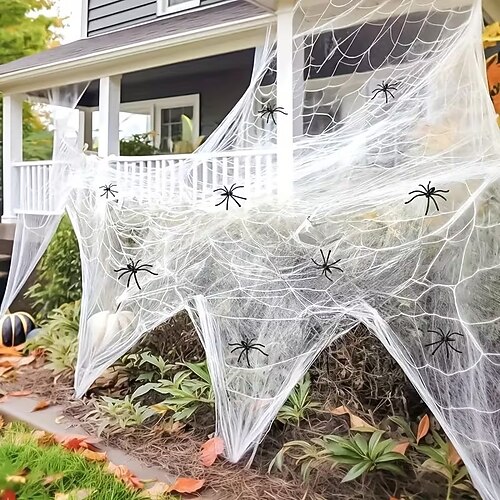Decorazioni di Halloween a forma di ragnatela in cotone, confezione da 6 ragnatele bianche elastiche con 12 ragni finti, decorazioni per interni ed esterni per case infestate, casa, bar, aule