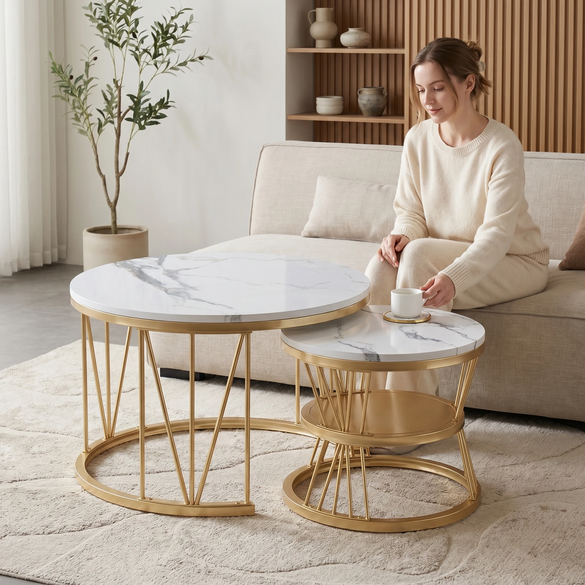 Superaly Couchtisch, 2er-Set, runder Couchtisch, Beistelltisch-Set, Sofatisch mit goldenem Metallrahmen, für Wohnzimmer, Schlafzimmer, Büro, Balkon, Gold