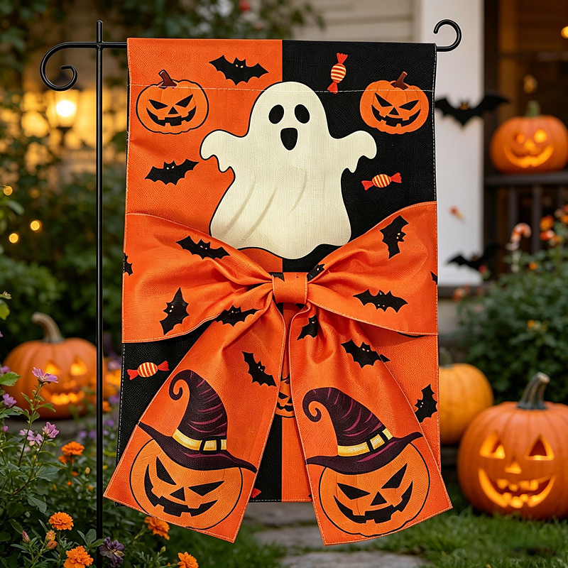 Halloween Garden Flag Bowknot Spider Web Pumpkin Skeleton Trick or Treat Outdoor Yard Flag Seasonal Porch Garden Decoration Fall Home Yard Banner Halloween Outdoor Decor