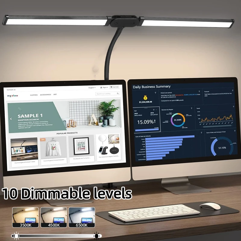 Doppelkopf-LED-Schreibtischlampen, stufenlos dimmbar, LED-Computermonitor, USB-Tischlampe für Büro, Studium, Lesebeleuchtung
