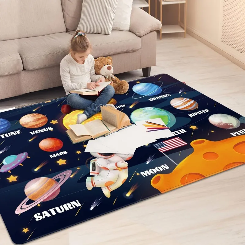 Weltraum-Kinderteppich für Spielzimmer, Sonnensystem, pädagogischer Teppich, Kinder-Bodenmatte, Kinderteppich, Spielteppich für Kinder, Spielzimmer