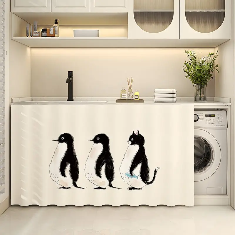 VIKAMA Magic Tape Wäscheschrank-Vorhang, Cartoon-Pinguin-Katzen-Druck, staubdicht, für Badezimmer, Küche, Dekoration