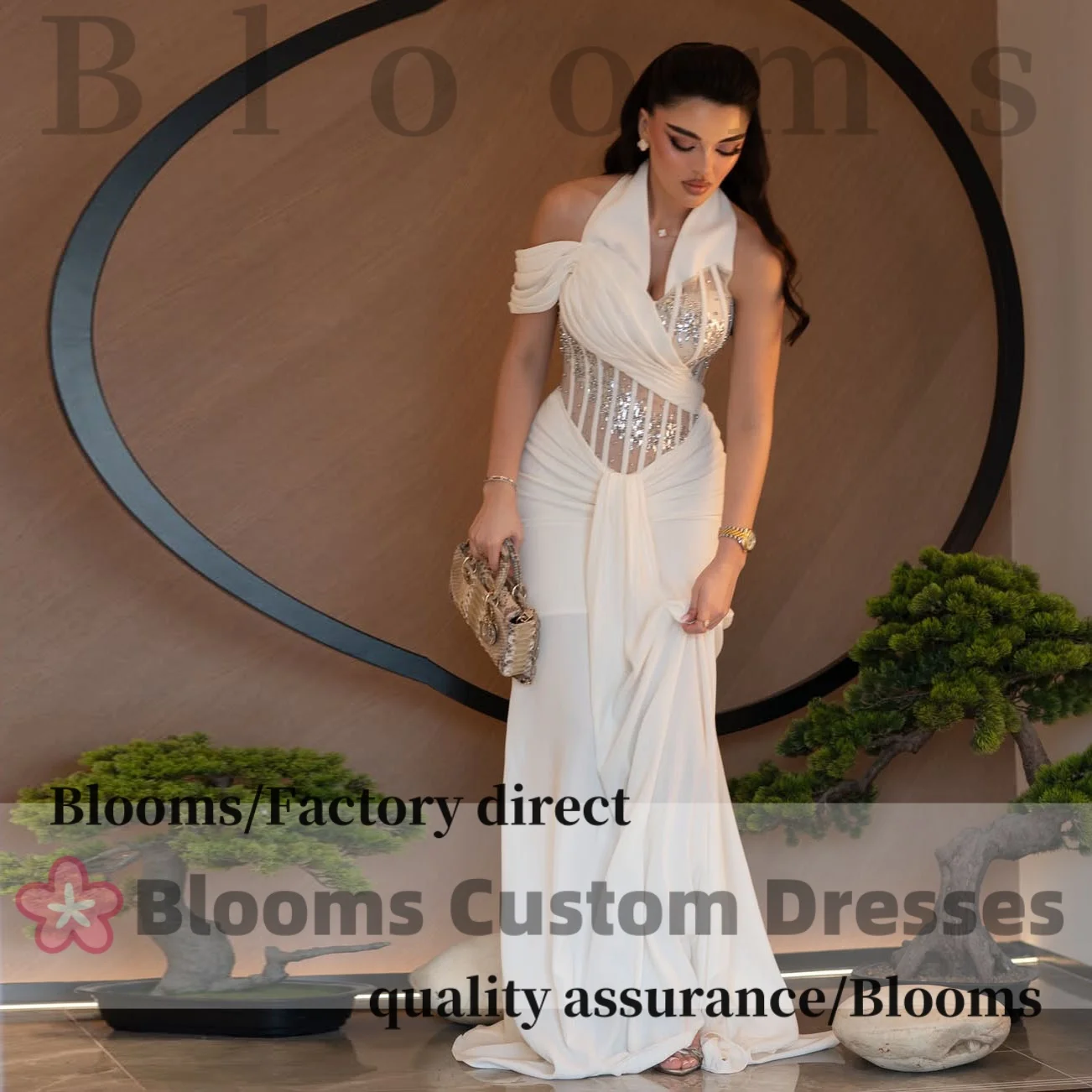 Customized Sleeveless Formal Evening Dress Halter Neck White Prom Gown Sheer Beaded Corset Draped Mermaid Elegant Party Dress