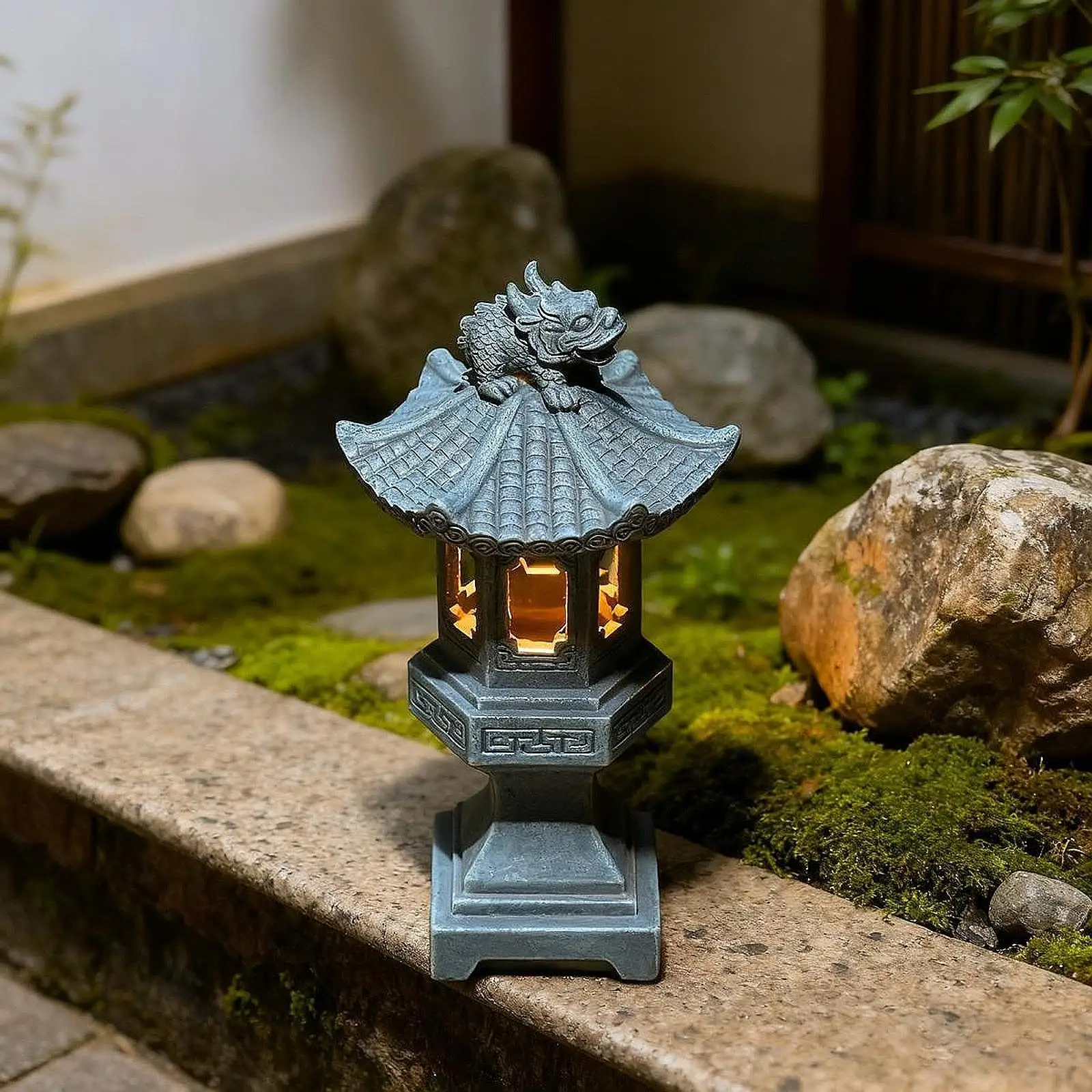 Lanterne solaire pagode avec statue de jardin, décoration de jardin, lanterne de jardin pour porche
