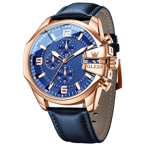 Olevs Herrenuhr, Luxus-Chronograph, großes blaues Zifferblatt, braunes Lederarmband, wasserdicht, Leuchtzeiger, Datumsanzeige, multifunktionale Business- und Sportuhr, Quarz-Analog-Armbanduhr für