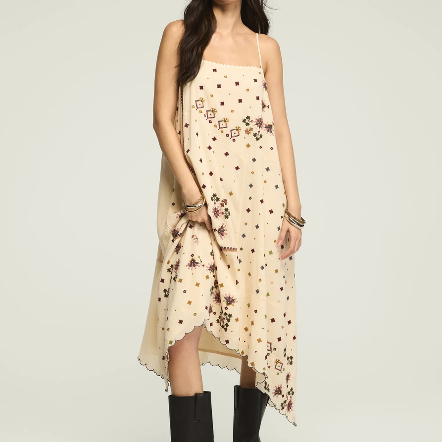 Lucky Brand Contrast Embroidered Mix Midi in Gardenia, Size XS