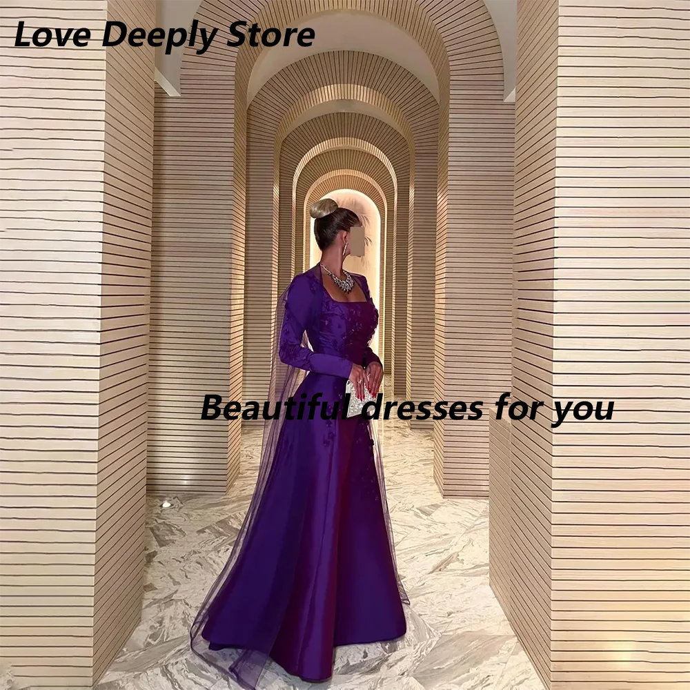 Purple Prom Dresses Customized Square Neck Long Sleeves Elegant Evening Gowns Pleats Appliques Floor Length Formal Party Dress