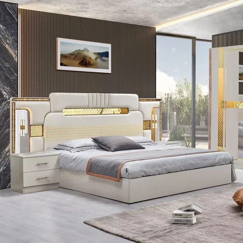 Ein Großhandel mit Holzrahmen, Doppel-Kingsize-Bettzimmer-Set, LED-Kopfteil, modernes Zuhause, vollständige Luxus-Schlafzimmer-Sets, Möbel