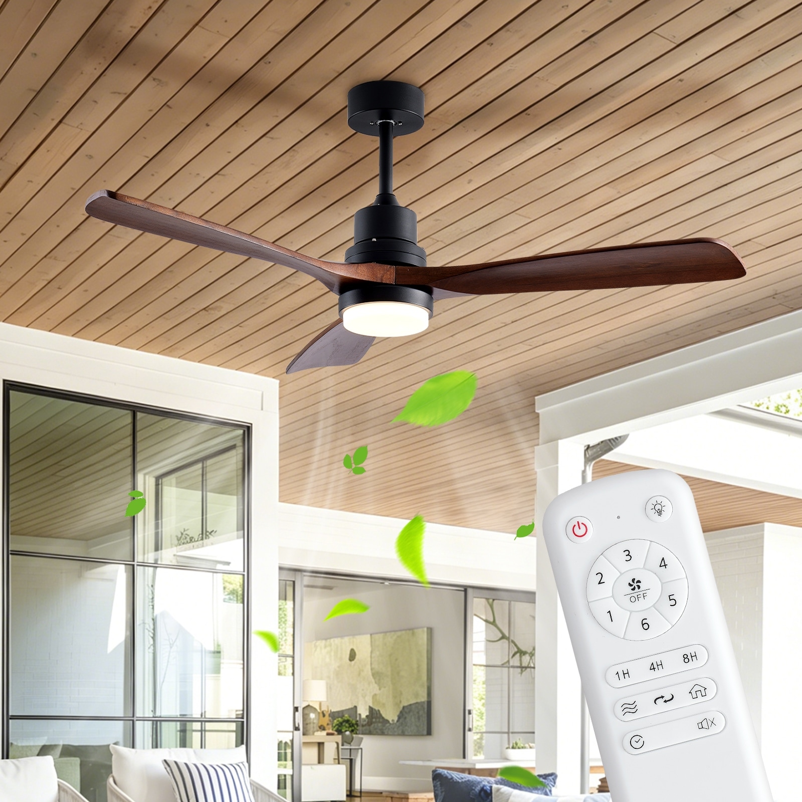 52" Wooden Ceiling Fans with Lighted Remote Control, Wooden Ceiling Fan, Outdoor Modern Ceiling Fan with 3 Fan Blades