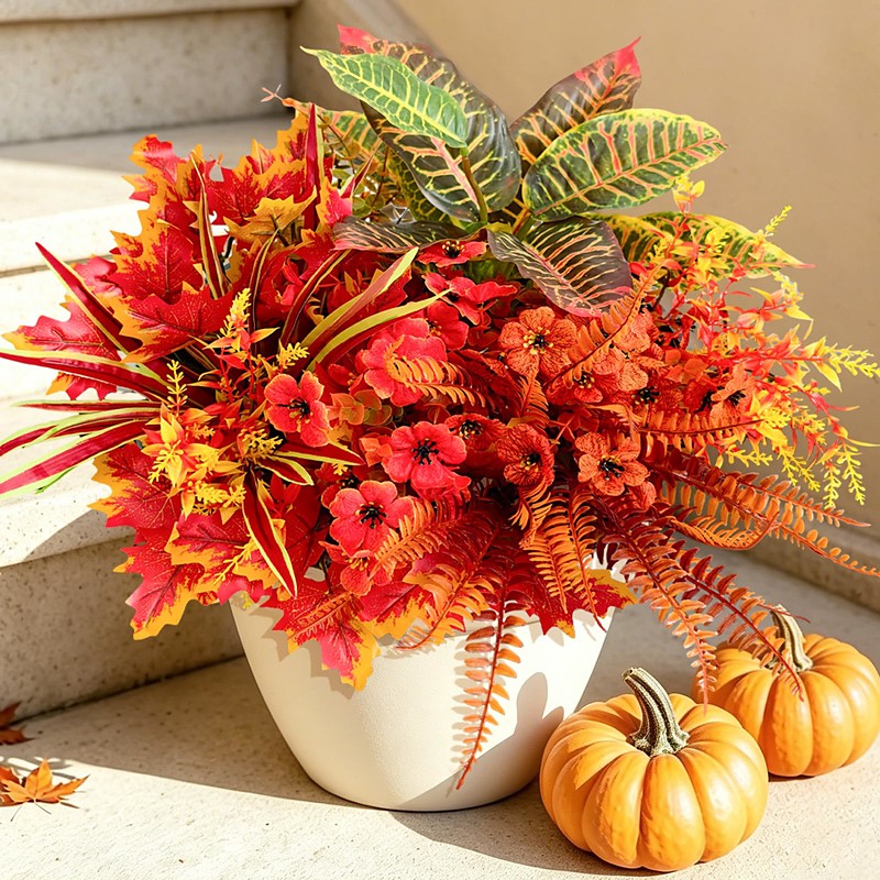 9PCS Artificial Fall Flowers Bouquet, Faux Eucalyptus and Violet Stems, Autumn Floral Arrangement for Home Decor, Table Centerpiece, Wedding, Farmhouse, Porch, Garden, Thanksgiving Decoration