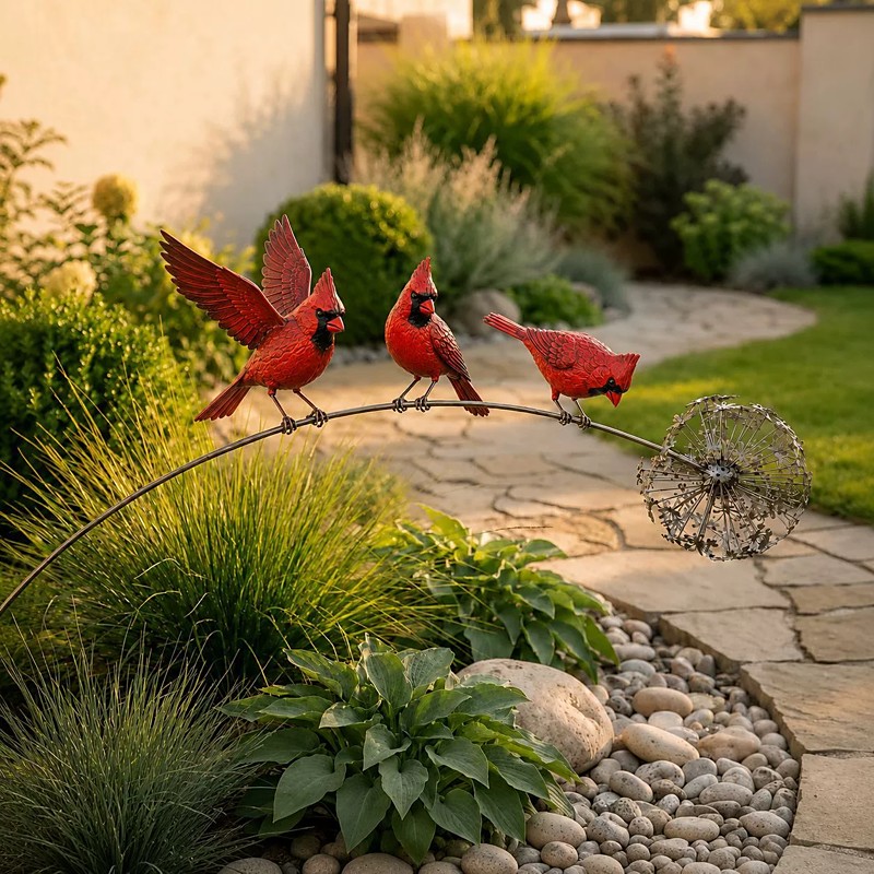 Metal Bird Garden Stake, 3 Lifelike Robin Birds on Dandelion Sculpture, Decorative Yard Art Ornament for Lawn, Patio, Backyard Flower Bed, Outdoor Garden Decor Gift for Bird Lovers