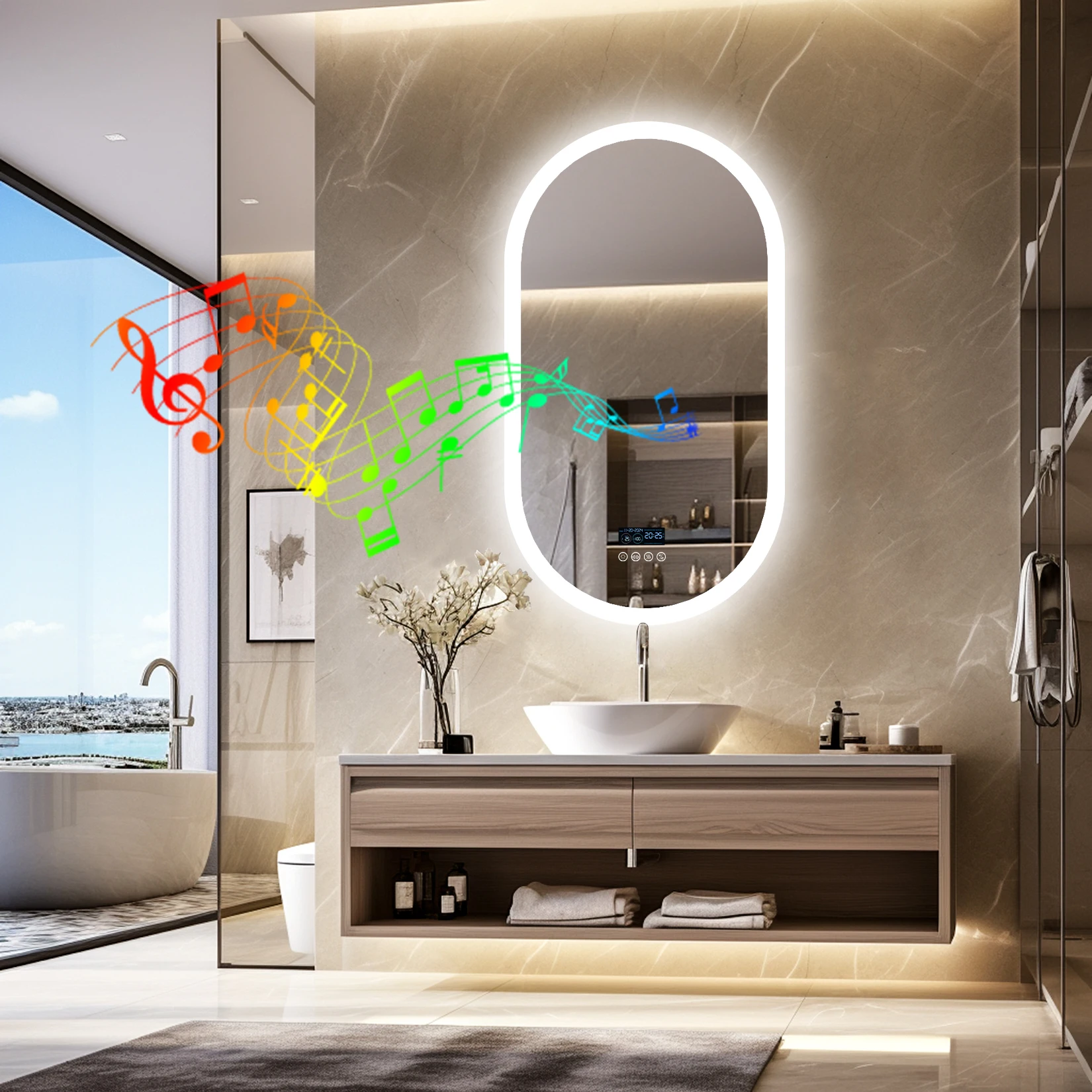 LUVODI Beleuchteter Bluetooth-Badezimmerspiegel LED-Hintergrundbeleuchtung Schminkspiegel mit Zeit- und Datumsanzeige Beschlagfrei