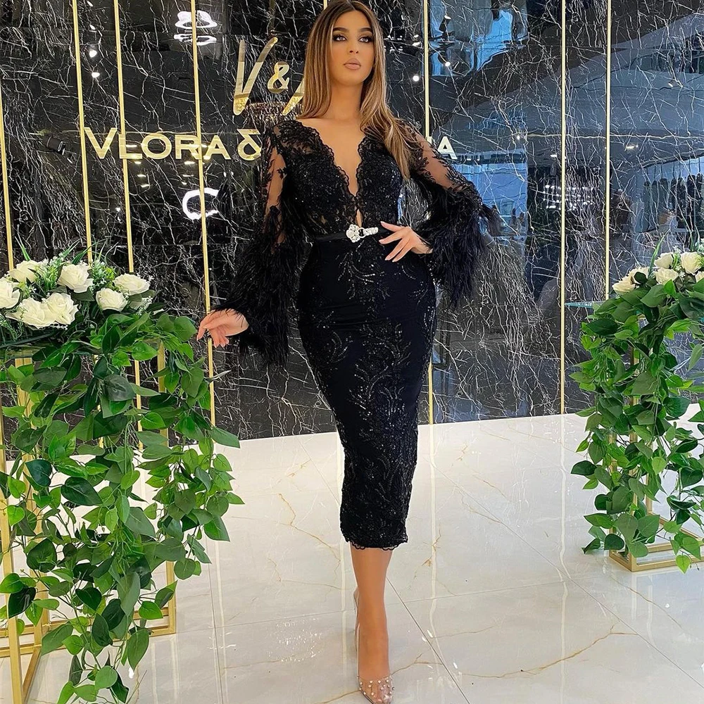 Boho V-Neck Puffy Tulle Full Sleeve Evening Dresses Tea-Length Crystal Sequined Prom Gowns Custom New Spring Vestidos De Fiest