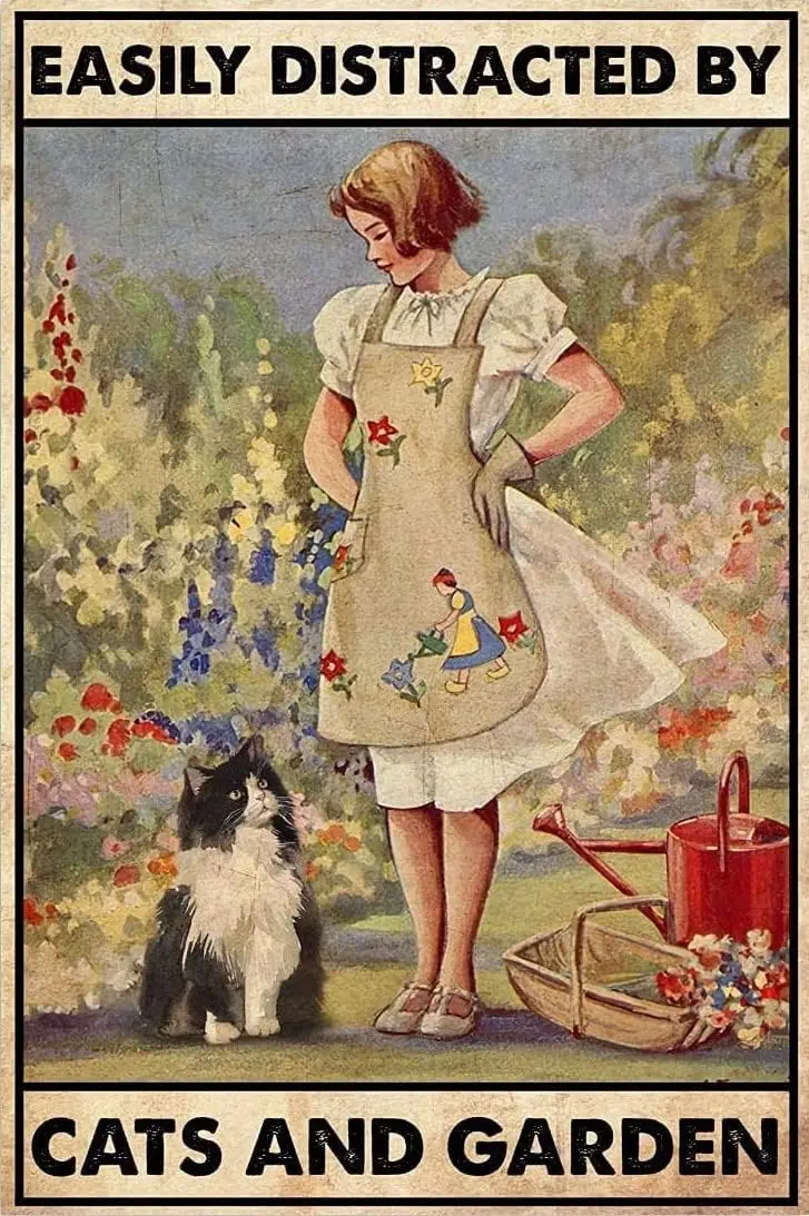 Vintage Cat In The Garden Easily Distracted By Cats And Garden Aluminum Sign For Coffee Home Wall Decor Metal Tin Sign 12x8 sign