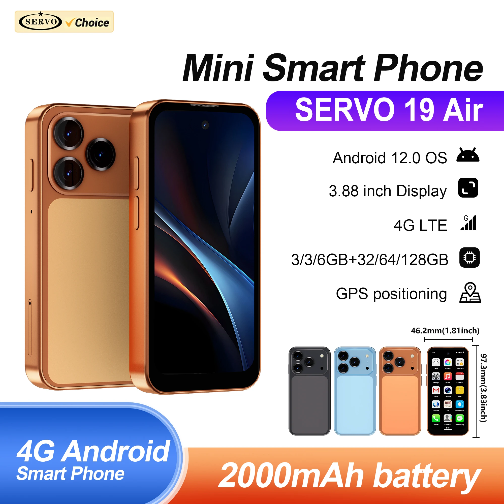 SERVO 19Air Android Mini-Smartphone 4G LTE 6GB+128GB Google Play WLAN-Hotspot Dual-SIM-Standby 3,88-Zoll-Display Kleine Smartphones