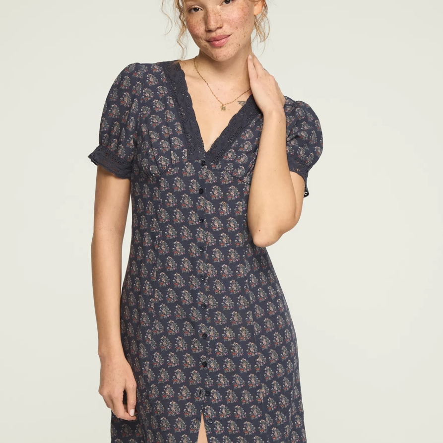 Lucky Brand Lace Trimmed Short Sleeve Mini Dress - Women's Clothing Dresses Mini Dress in Navy Floral, Size M