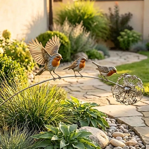 Paletto da giardino in metallo a forma di uccello, scultura di 3 pettirossi realistici su un dente di leone, ornamento decorativo per prato, patio e giardino. aiuola, decorazione da giardino per