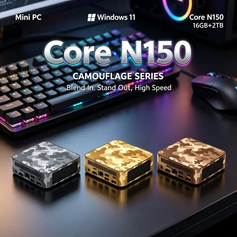 Stable Performance Intel Core N150 Camouflage Mini PC Windows 11 16GB RAM 1/2TB SSD WIFI6 BT5.2 Gaming Computer 4K Desktop PC