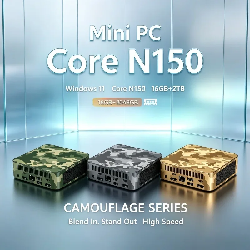 Portable Intel Core N150 Windows 11 Camouflage Mini PC 16GB RAM 1/2TB SSD WIFI6 BT5.2 Gaming Computer 4K Desktop PC