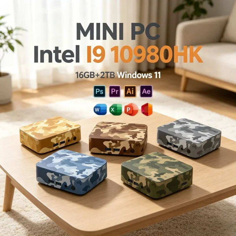 Camouflage Mini PC Intel I9 10980HK Win11 Mini Computer 16GB DDR4 RAM Optional 2TB SSD WiFi 6 BT5.2 4K UHD Desktop PC For Home