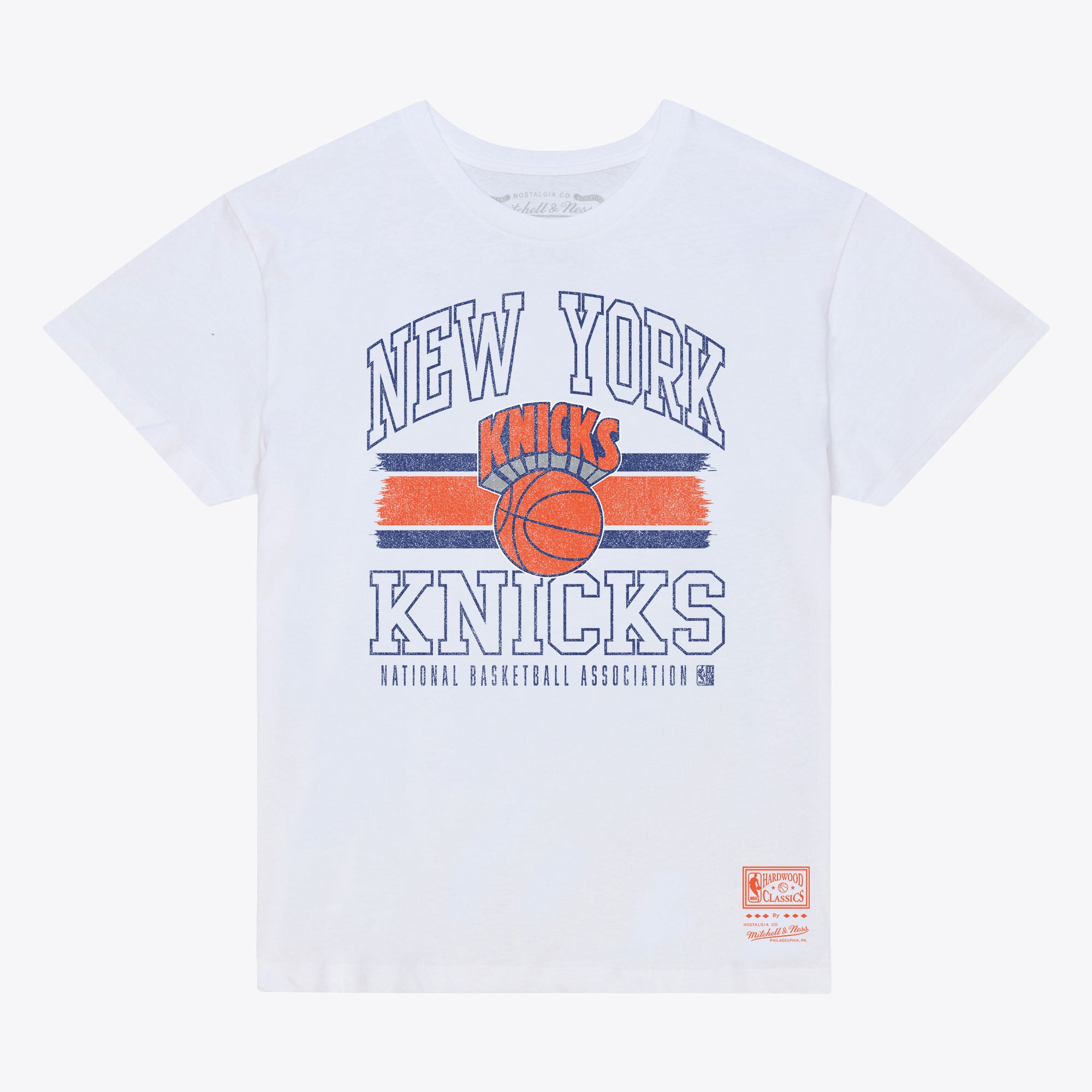 Mitchell & Ness Damen-T-Shirt in Weiß mit gestreiftem New York Knicks-Logo