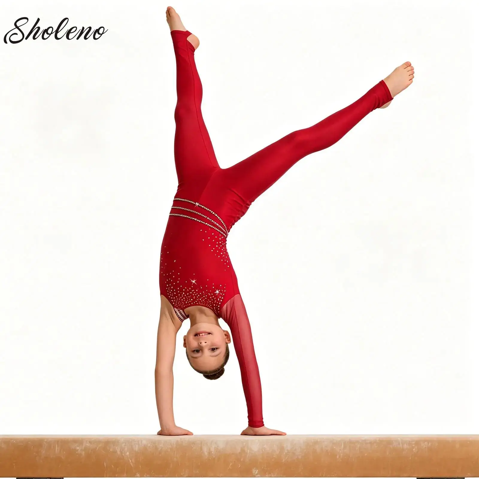 Justaucorps de gymnastique rythmique pour filles, combinaison de patinage artistique, costume de danse à manches longues en maille avec strass, vêtements d'entraînement