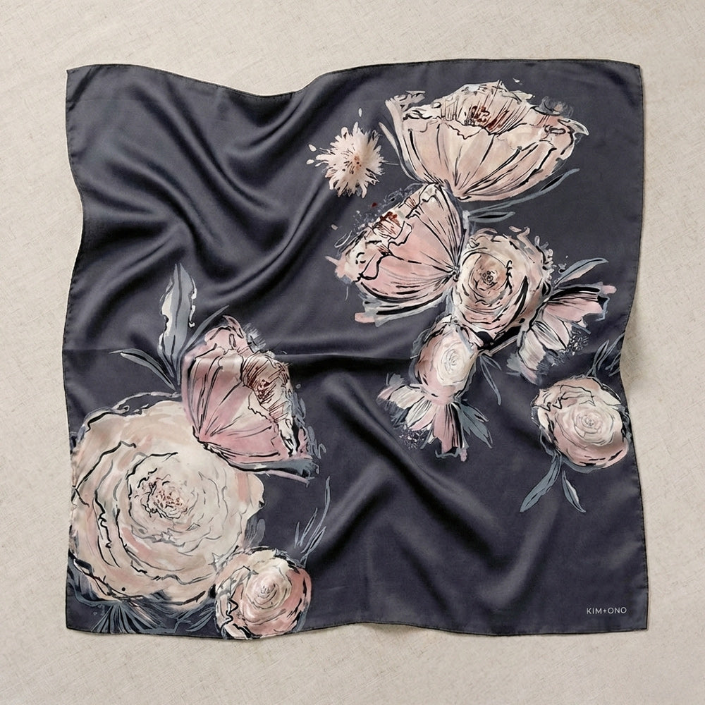 Jia Kerchief Scarf | Charmeuse Floral Scarf | KIM+ONO - black / 26"" square