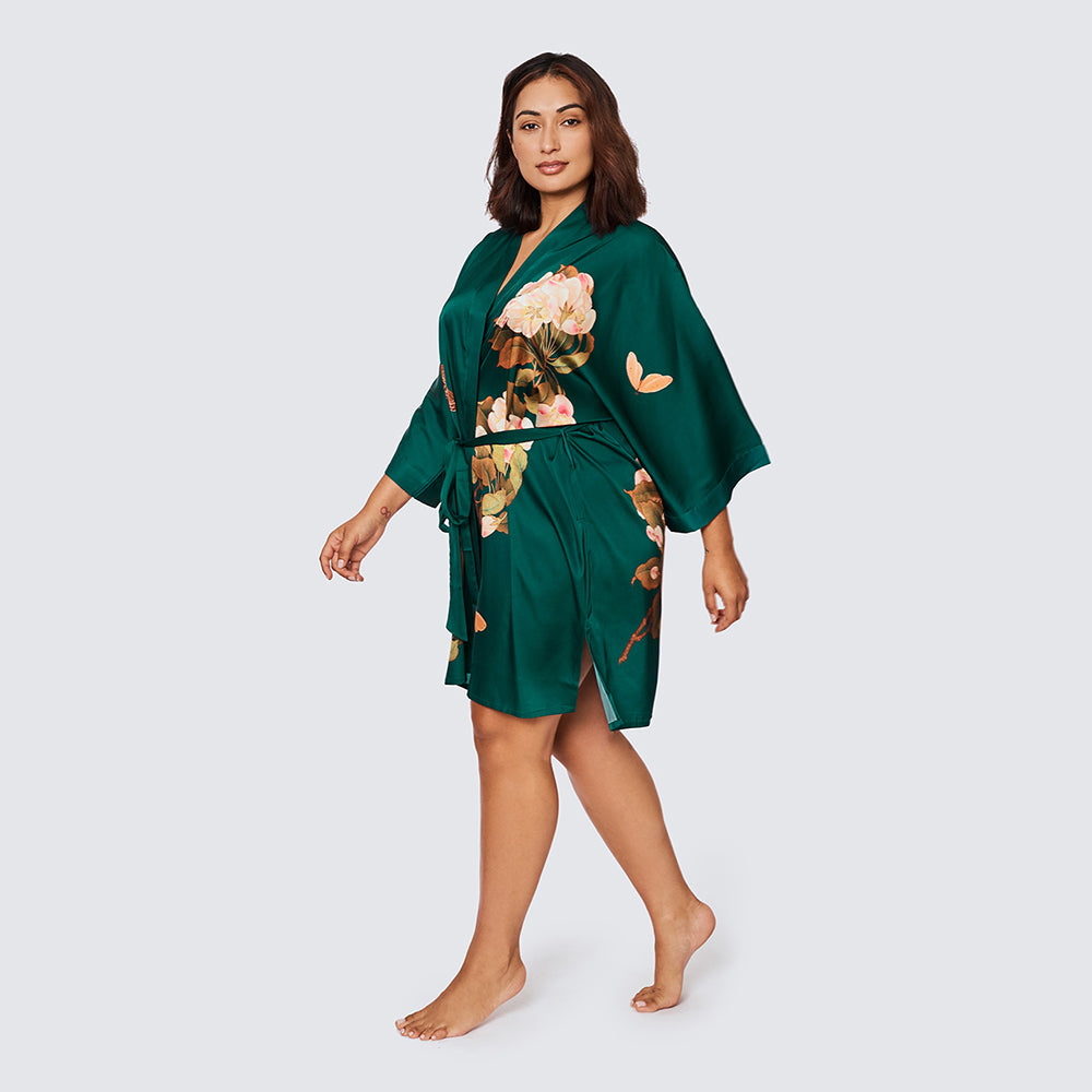 Plus Size Peony & Butterfly Kimono Robe - Short | KIM+ONO - emerald (final sale) / plus size