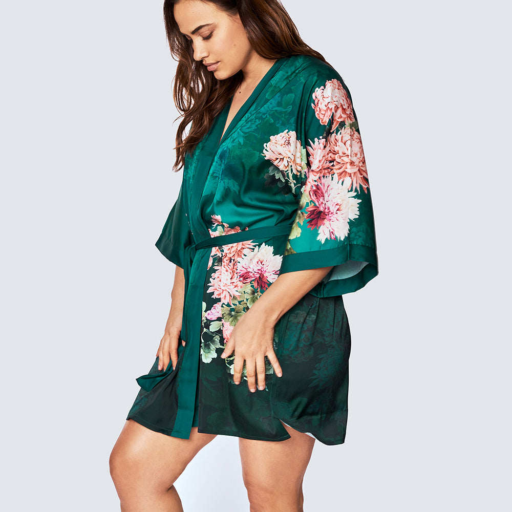 Coral Chrysanthemum Plus Size Kimono Robe - Short | KIM+ONO - emerald (final sale) / plus size