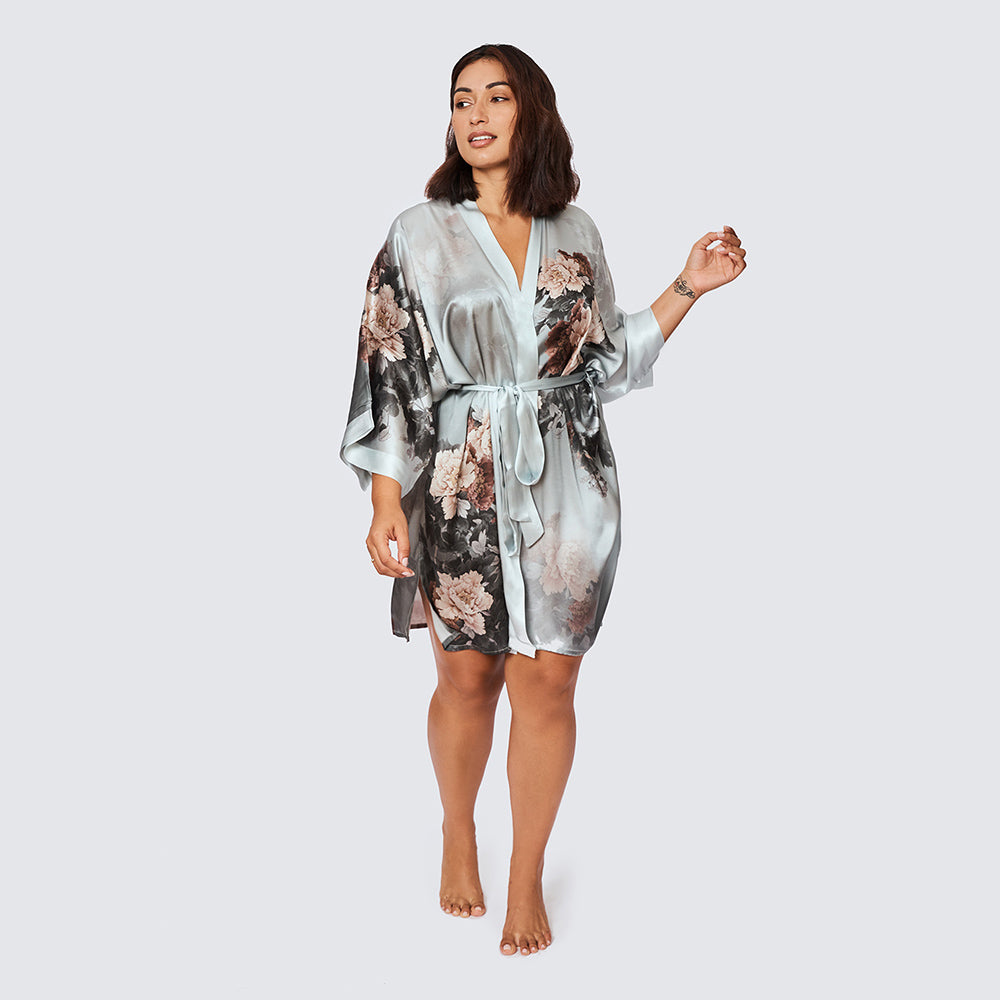 Keina Flower Plus Size Silk Kimono Robe - Short | KIM+ONO - whisper blue (final sale) / plus size